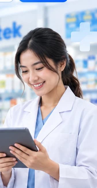 Apoteker tersenyum memakai tablet